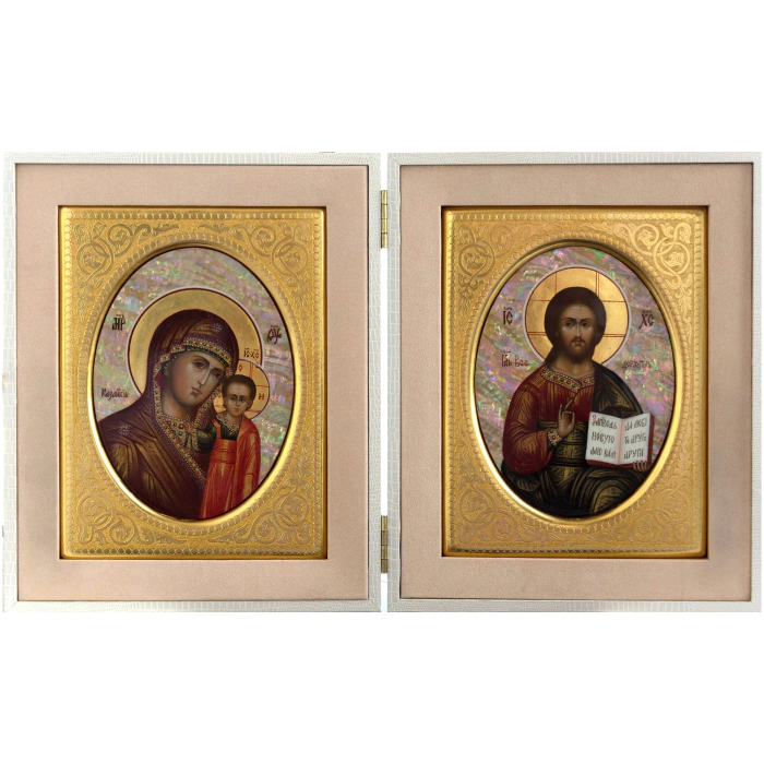 Wedding couple on natural mother-of-pearl "Icon of Our Lady of Kazan and Icon of the Savior"